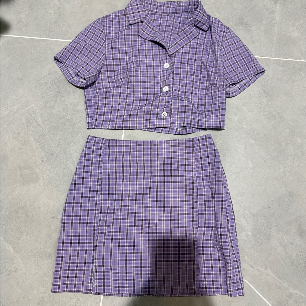 SHEIN Purple Plaid Mini Skirt Two-Piece Set